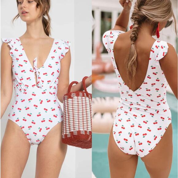 NWT Marina West Womens Beach UPF 50+ Tie Plunge Cherry One Piece Swimsuit Size L - Picture 1 of 12